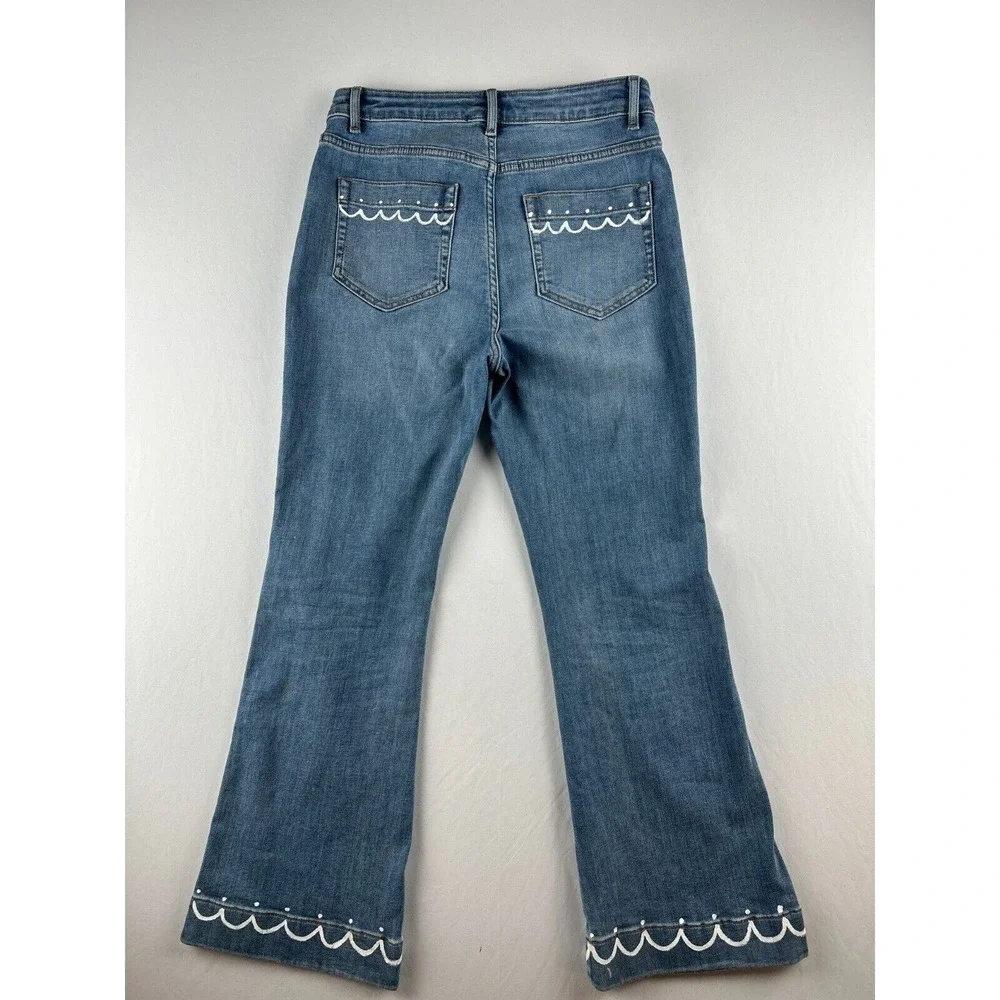 J.jill high rise flare jeans glitter love you to the moon Sz 6 artsy faded Sz 30